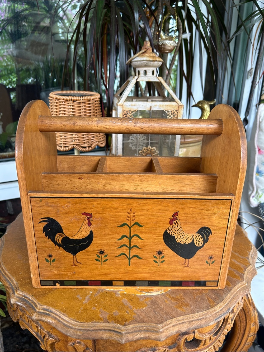 Vintage Wooden Rooster Kitchen Caddy – Hand-Painted Folk Art